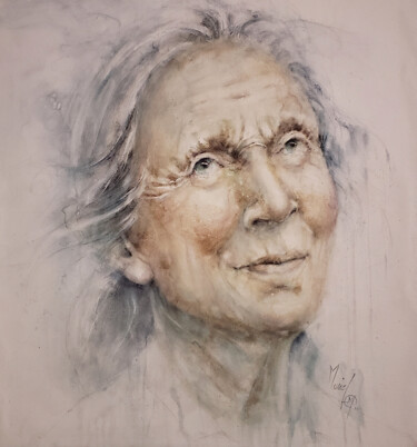 Painting titled "Jane Goodall ou Pai…" by Muriel Mougeolle, Original Artwork, Watercolor Mounted on Wood Stretcher frame