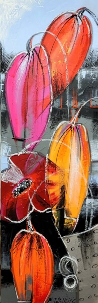 Painting titled "TOMBEE DE TULIPES R…" by Myriam Guenaizia, Original Artwork, Oil Mounted on Wood Stretcher frame