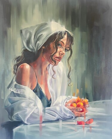 Painting titled "Girl with Apricots" by Tonya Seiler, Original Artwork, Oil Mounted on Wood Stretcher frame