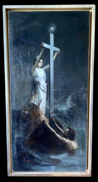 Painting titled "Lady with Cross" by Arnold Böcklin, Original Artwork, Oil Mounted on Wood Stretcher frame