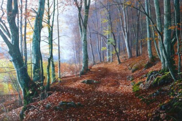 Painting titled "In the beech forest" by Emil Mlynarcik, Original Artwork, Oil Mounted on Wood Stretcher frame
