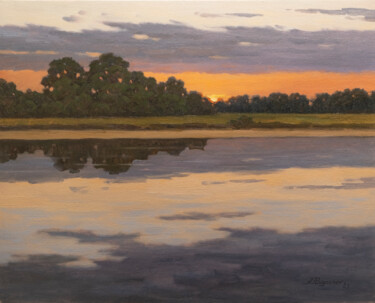 Painting titled "Sunset on the river" by Andrey Pingachev, Original Artwork, Oil Mounted on Cardboard