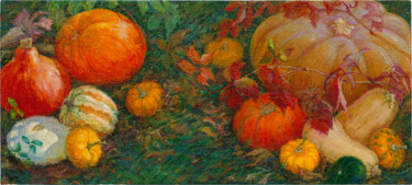 Painting titled "LES COURGES" by Konoko, Original Artwork, Oil Mounted on Wood Panel
