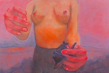Painting titled "Mains froides Coeur…" by Chloé Kaemmerer, Original Artwork, Oil Mounted on Wood Panel