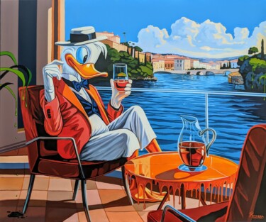 Painting titled "La Dolce Duck Vita" by Laurent Perazza, Original Artwork, Acrylic Mounted on Wood Stretcher frame
